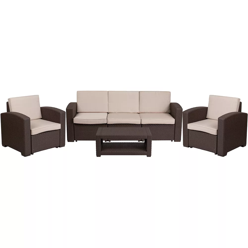 Flash Furniture Faux Rattan Outdoor Chair， Couch， and Coffee Table 4-piece Set