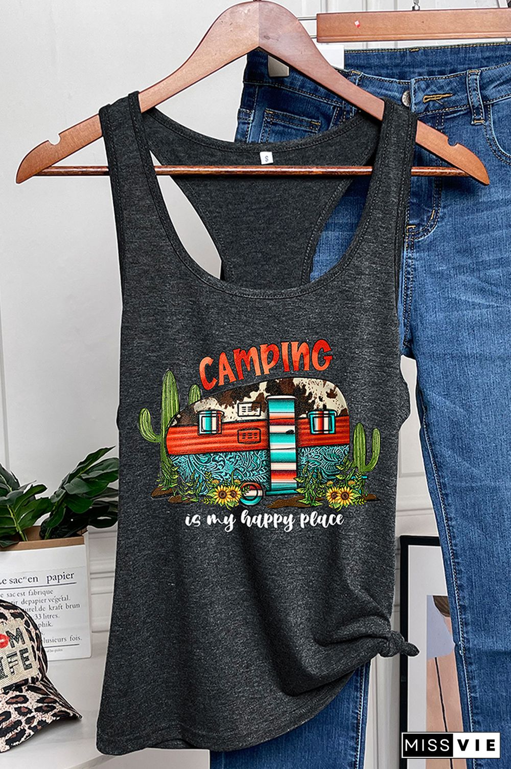 Camping is My Happy Place Printed Sleeveless Tank Top Wholesale