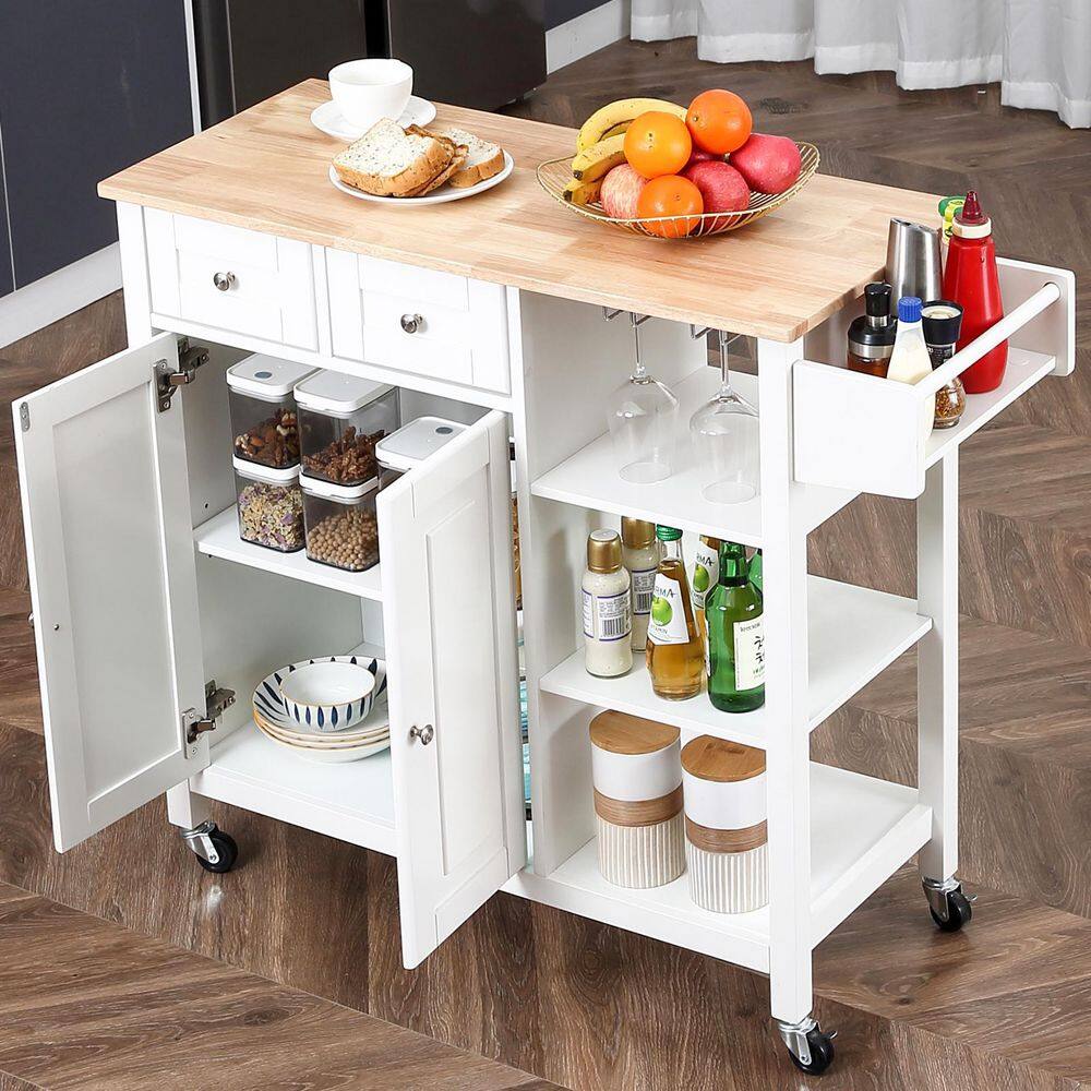 White Kitchen Island on Wheels Kitchen Cart with Cabinet 3-Layer Shelves Wood Countertop Mobile Storage Islands 1009-ISLAND-WHI