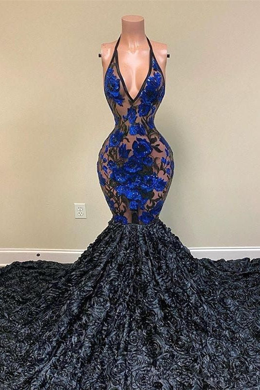 V-Neck Sleeveless Prom Dress Mermaid With Flowers Bottom
