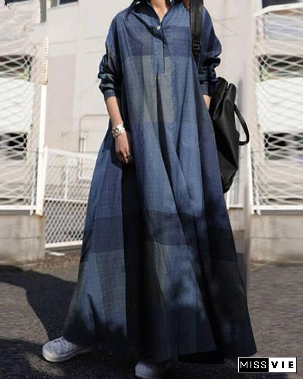 Shirt Collar Loose Fit Big Hem Long Sleeve Maxi Dress