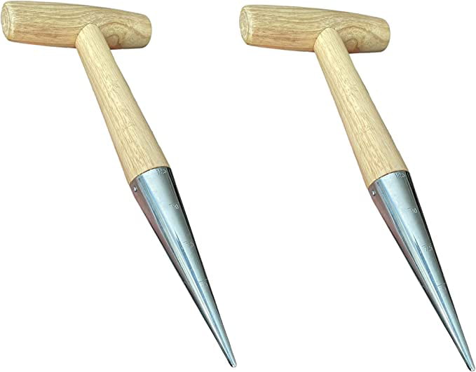 Garden Guru Steel Dibber Planter Tool for Planting Seeds and Bulbs High Carbon Steel and Comfortable Wood Carved Handle for Consistent Planting Flowers Tulips Daffodils Dahlias 2 Pack