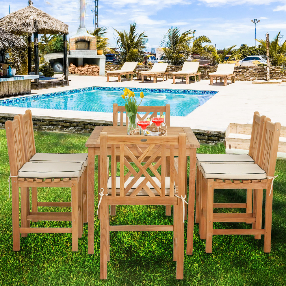 7 Piece Teak Chippendale 55 quotRect Bistro Counter Set  2 Arm and 4 Side Stools   Transitional   Outdoor Pub And Bistro Sets   by Chic Teak  Houzz