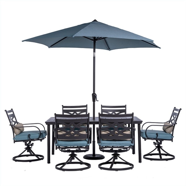 Hanover Montclair 7Piece Dining Set in Ocean Blue with 6 Swivel Rockers，40In. x 66In. Dining Table and 9Ft. Umbrella