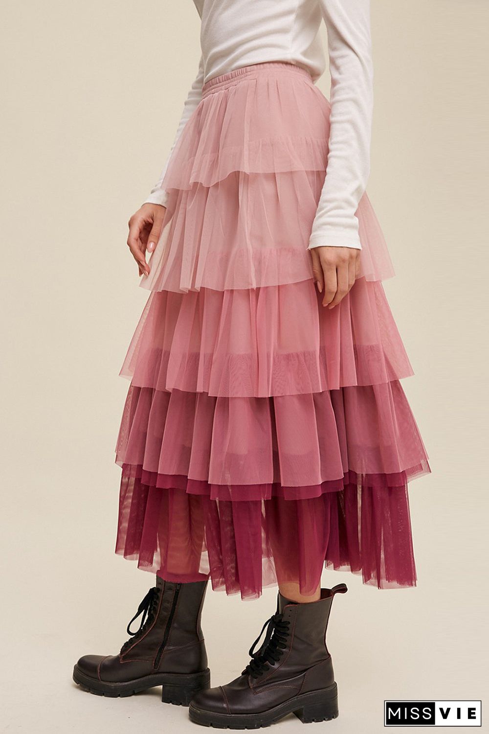 Pink Gradient Ruffle Tiered Mesh Maxi Skirt