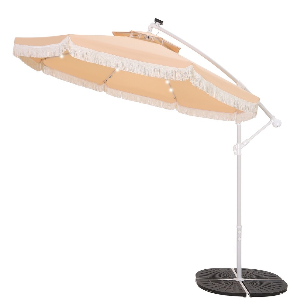 Outdoor 10Ft Double Top Crank Umbrella Patio Cantilever Umbrella with Fringe Tassel and LED Lights