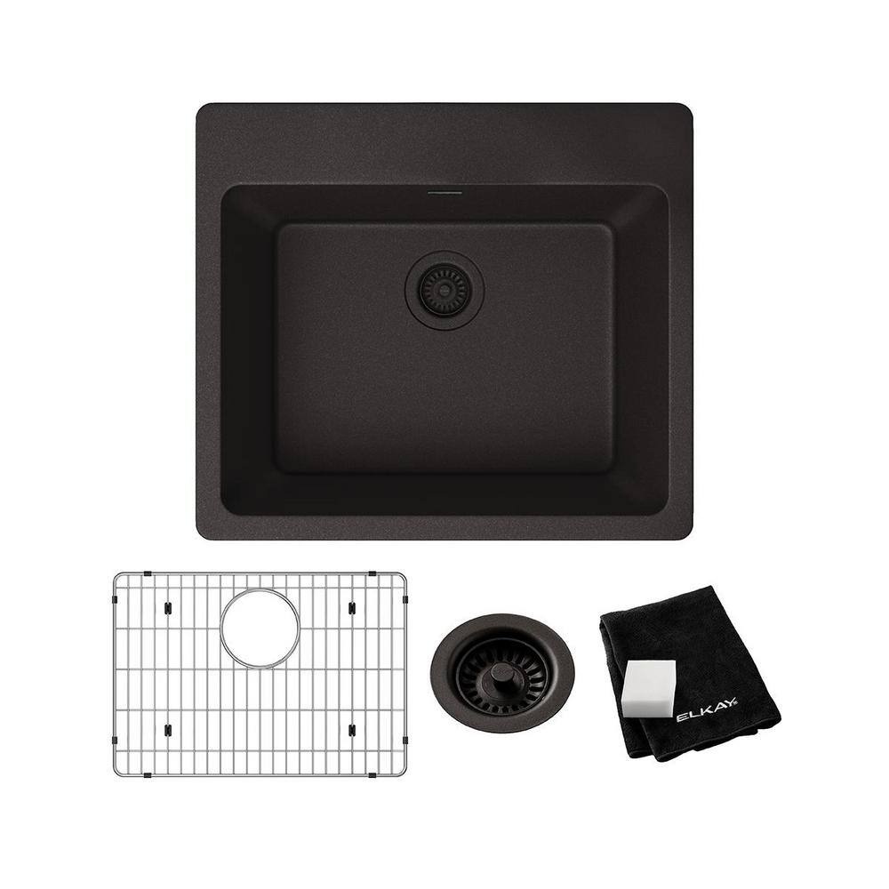 Elkay Quartz Classic Black Quartz 25 in. Single Bowl Drop-In Kitchen Sink with Bottom Grid and Drain ELG2522BK0C