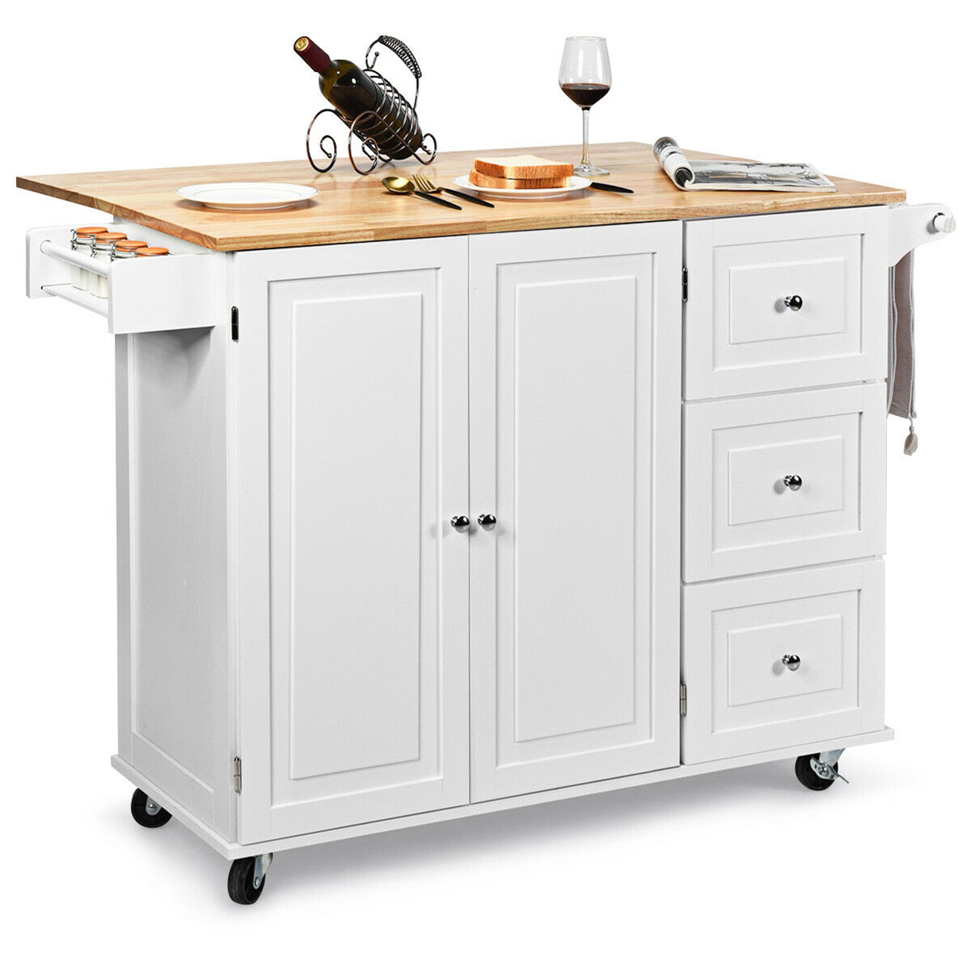 Gymax Drop-Leaf Kitchen Island Trolley Cart Wood Storage Cabinet w/ Spice Rack White