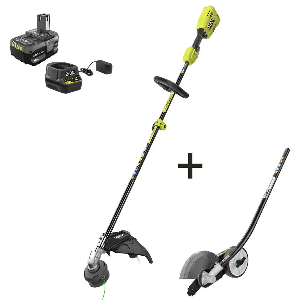 RYOBI P20110-EDG ONE+ 18V Brushless 15 in. Cordless Attachment Capable String Trimmer with Edger Attachment， 4.0 Ah Battery， and Charger