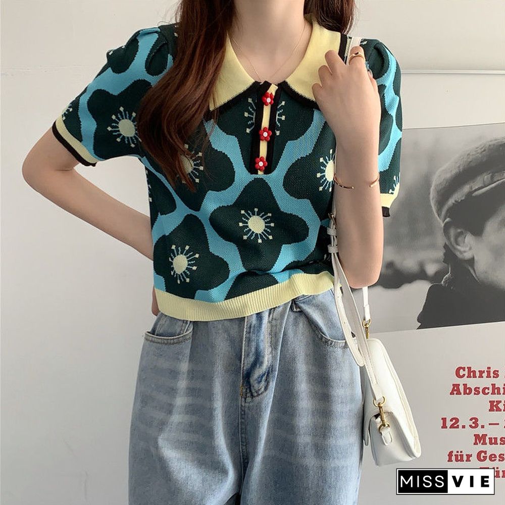 T-Shirts Women Summer Vintage Panelled Floral Lovely Knitted Ladies Fashion Puff Sleeve Baggy Crop Tops Cute Flower Buttons Cozy