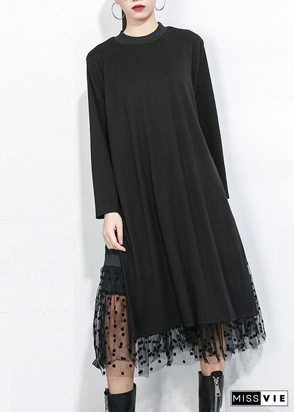 Women Black Asymmetrical Tulle Patchwork Cotton Maxi Dresses Spring