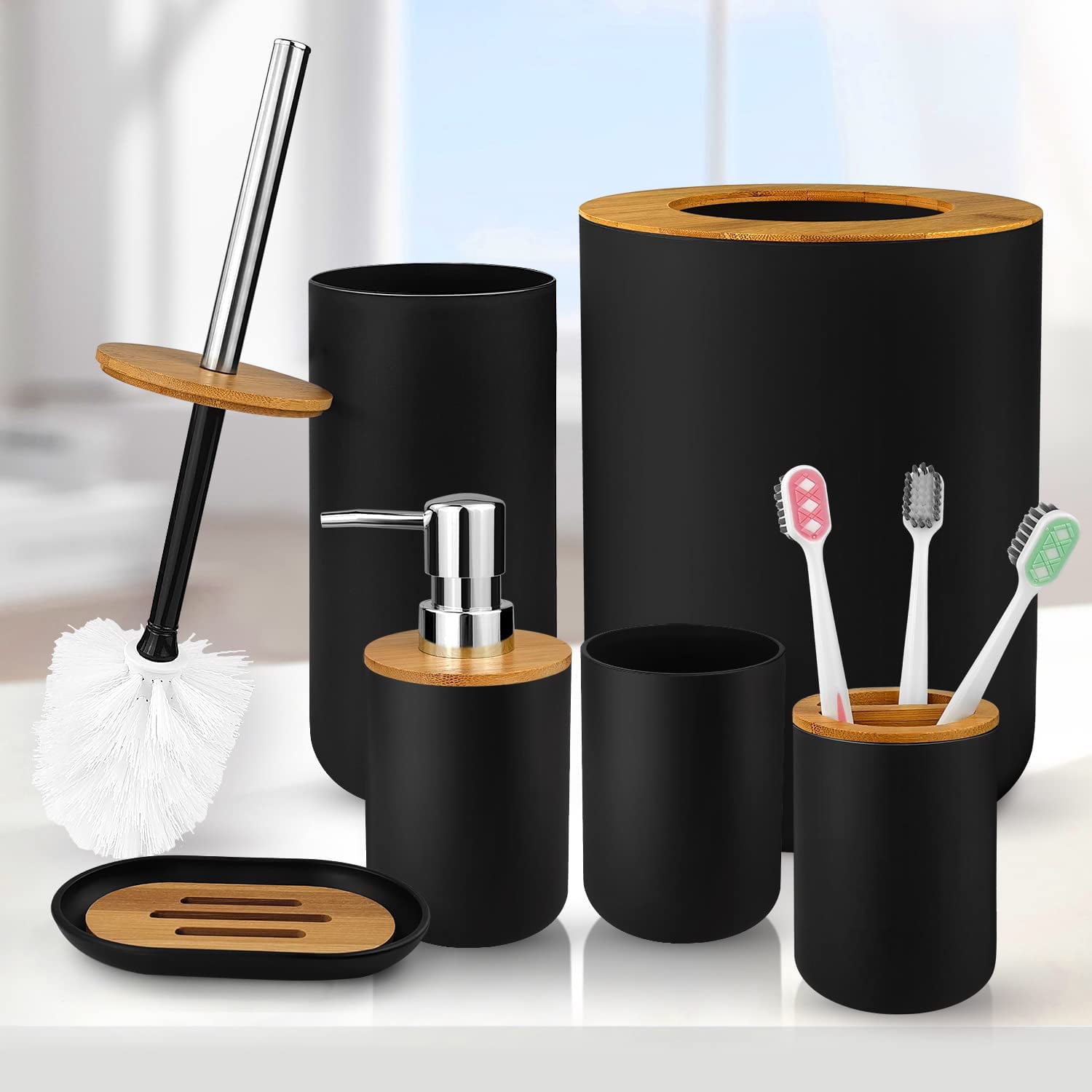 6 Pcs Bamboo and Plastic Bathroom Accessories Sets， Specially Designed for Small Spaces， Suitable for Homes， Hotels， Office Buildings (Black)