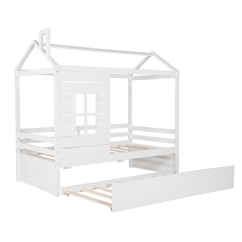 Solid Wood Twin House Bed with Trundle for Kids  White