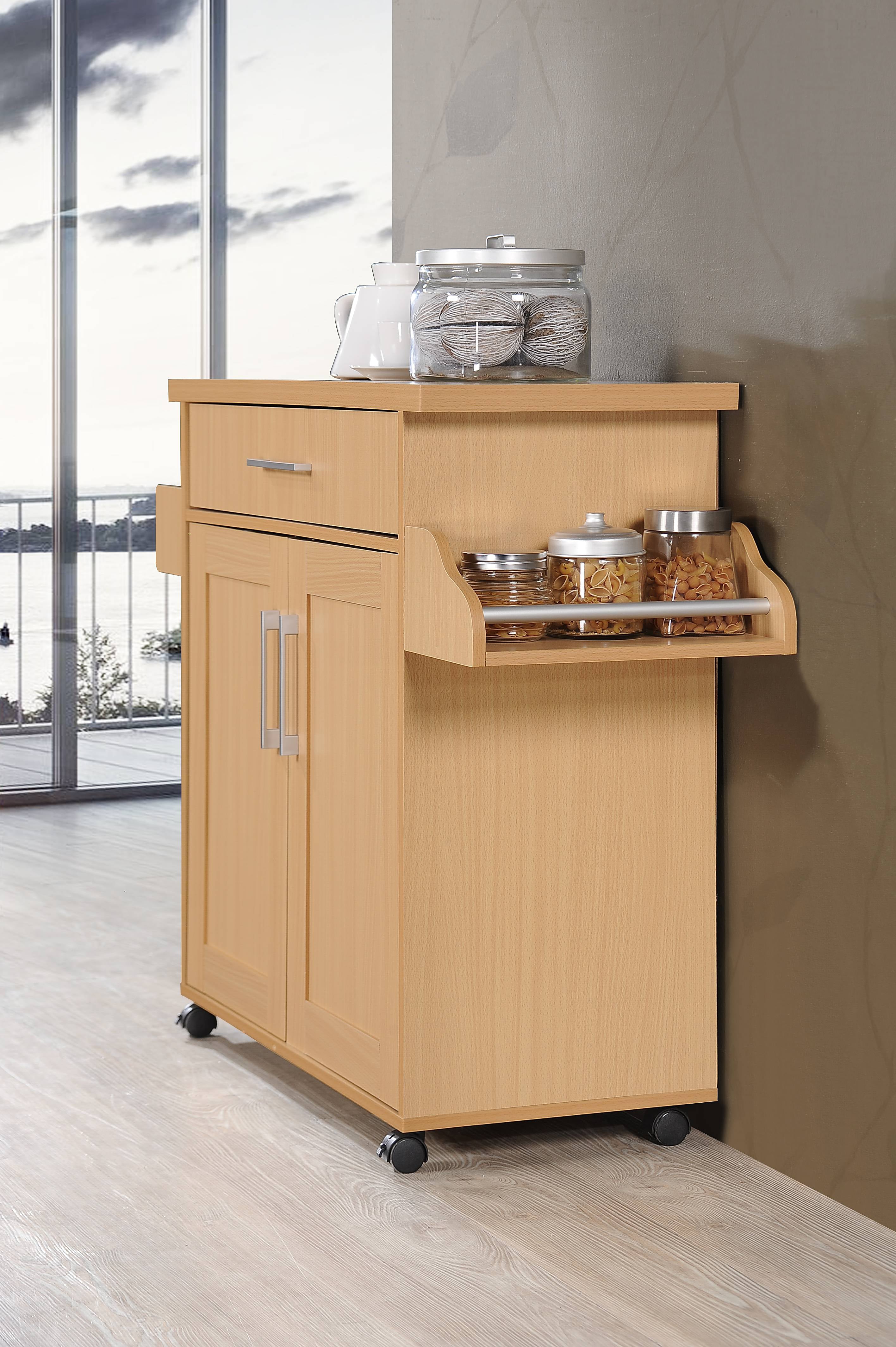 Hodedah Kitchen Cart with Spice Rack plus Towel Holder， Beech