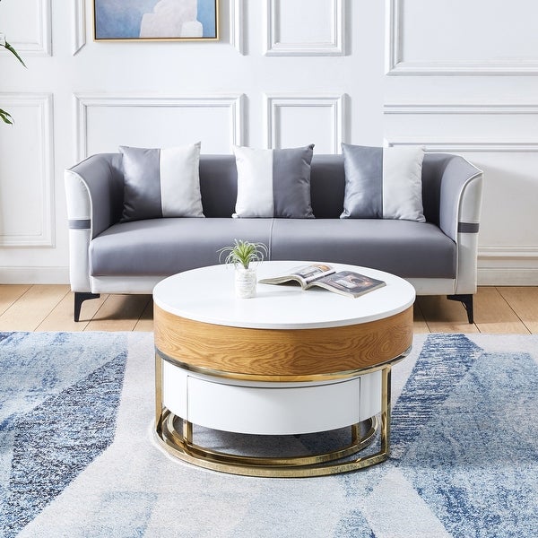 Nesting Storage Coffee Table Set of 2， Round MDF White End Table with Gold Finish Metal Base and Drawers for Living Room