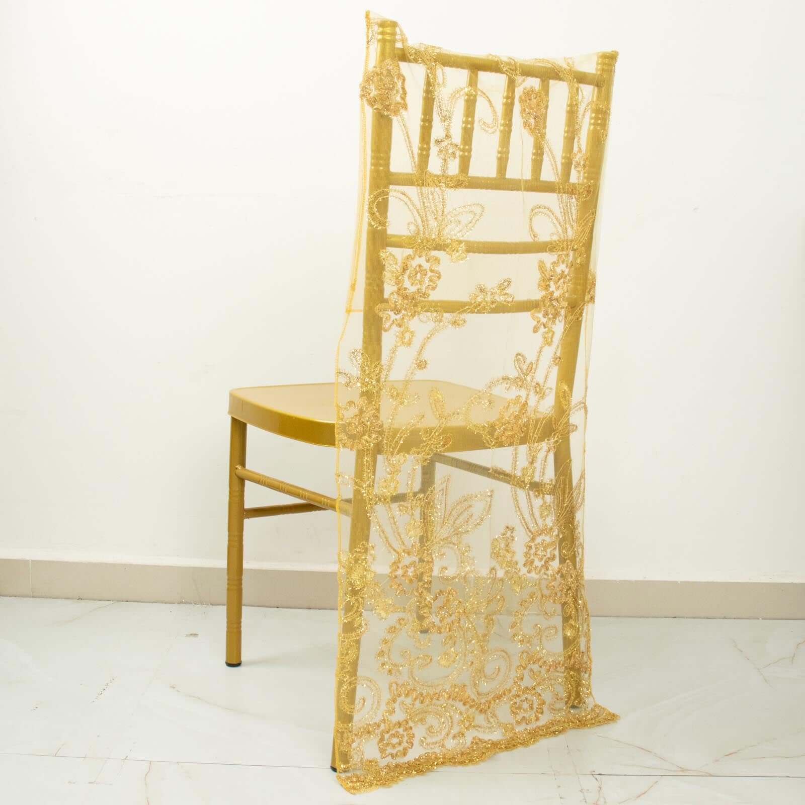 Gold Organza Floral Sequin Embroidered Wedding Chiavari Slipcover, Wedding Chair Back Lace Cover