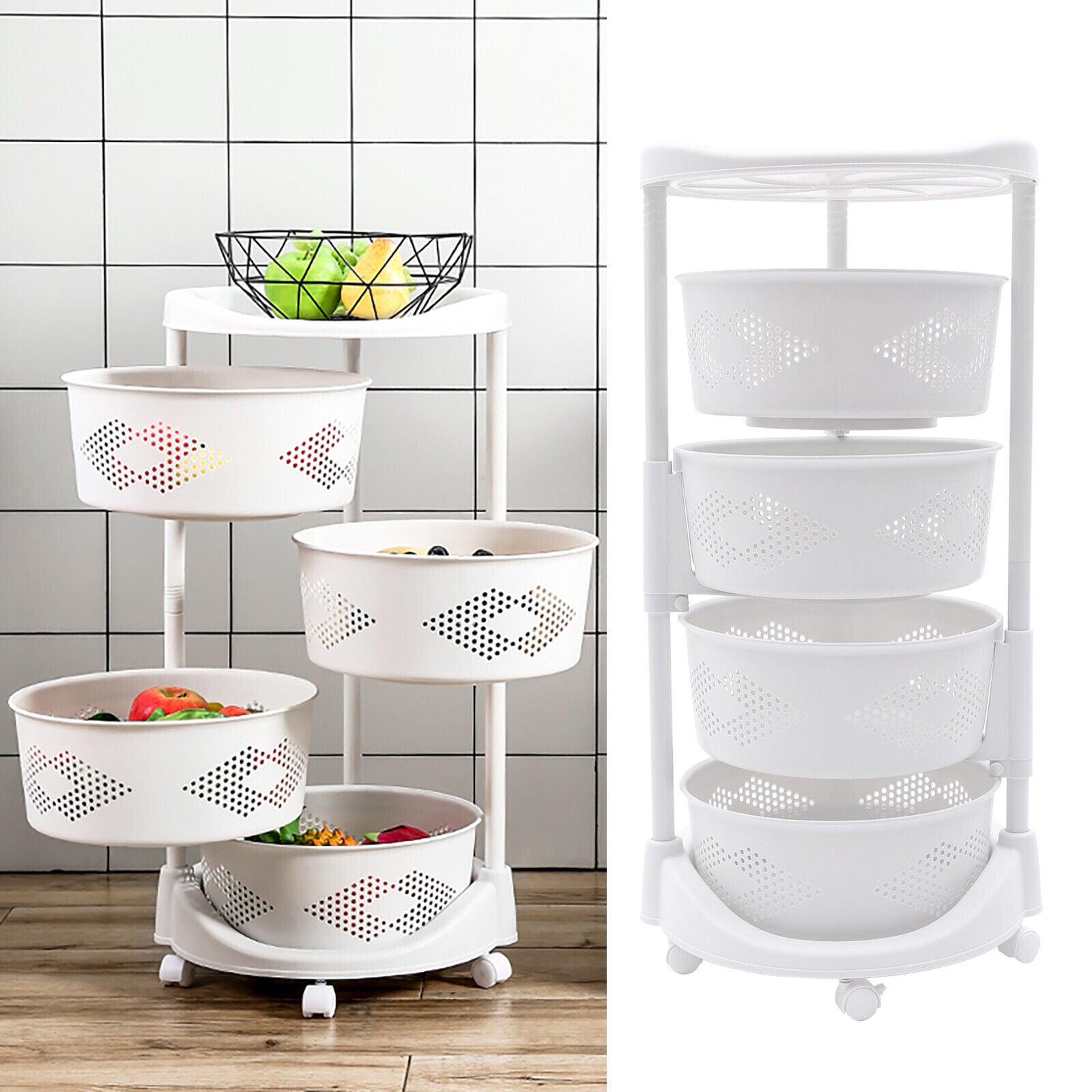 Rotating Fruit and Vegetable Baskets with Wheels， 5-Tier Height Adjustable Contertop Rack Kitchen Storage Organizer White