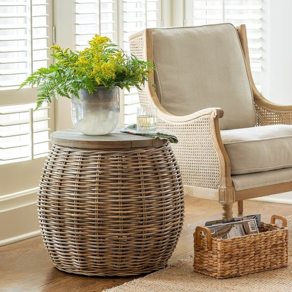 Rattan Side Table with Wood Top - Natural - 23.5