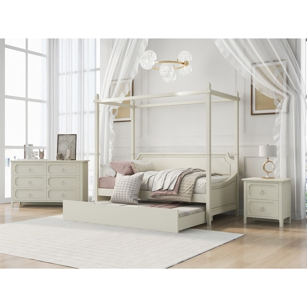 3 Pieces Bedroom Sets Milky White Twin Size Canopy Daybed - - 37310583