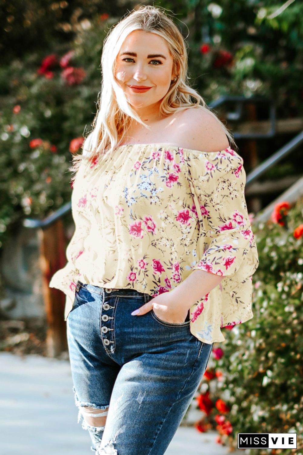 Plus Size Floral Off Shoulder Ruffle Sleeve Top