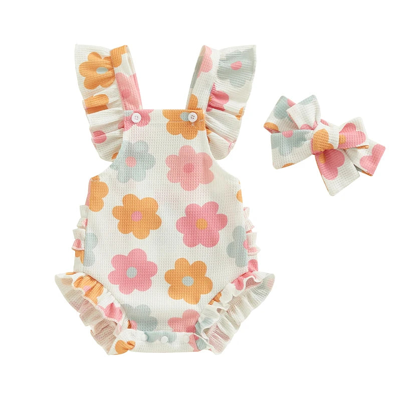 Baby Girls Romper and Headband Strawberry/Flower/Cherry Print Fly Sleeve Frills Newborn Infant Jumpsuit Summer Clothing