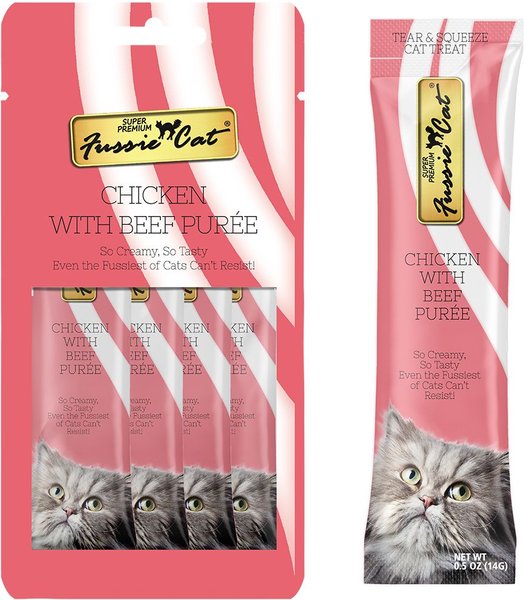 Fussie Cat Chicken and Beef Puree Lickable Cat Treats， 2-oz pouch