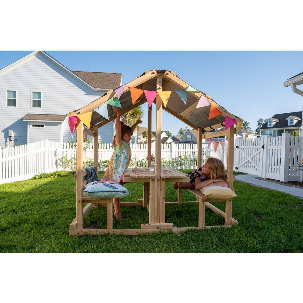 Funphix Kids Klubhouse Outdoor Indoor Wooden Playhouse DIY Backyard Playhouse with Table and Benches WPHX-2203