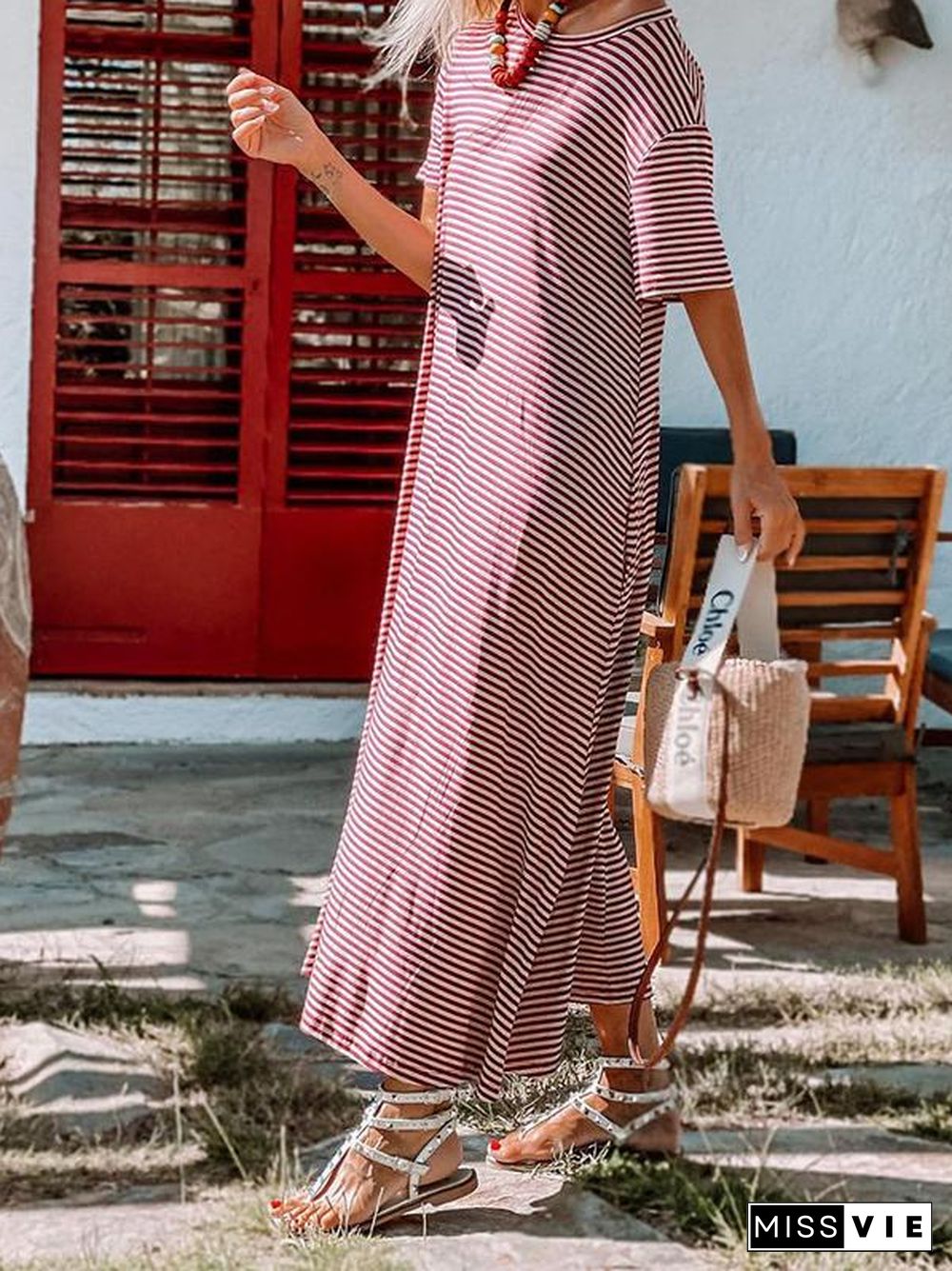 Stripe Contrast Short Sleeve Casual Daily Long Dress