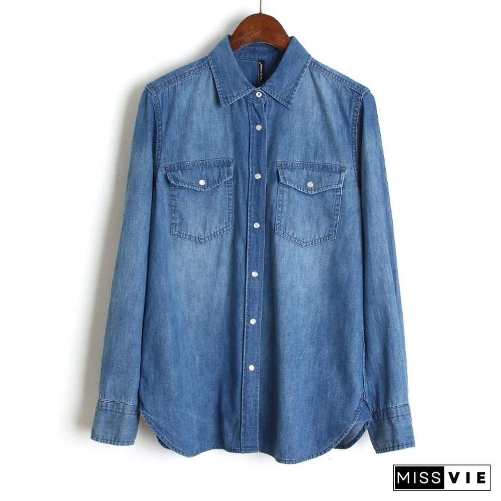 Turn Down Collar Button Closure Long Sleeve Denim Blouse Top Women Wholesale