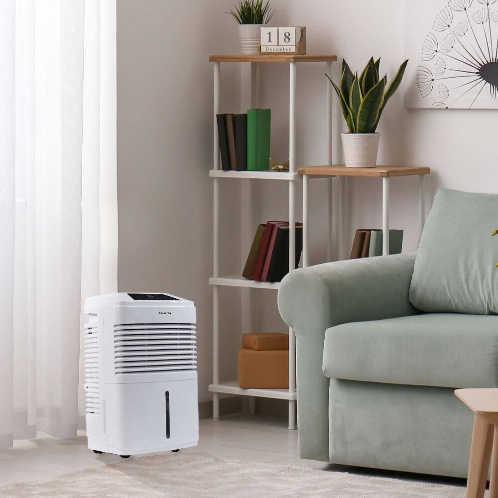 Amana 48 pt. Portable Dehumidifier with Adjustable Humidistat Auto Shut-Off 24-Hour Timer for Bathrooms Basements Bedrooms AMAD481BW