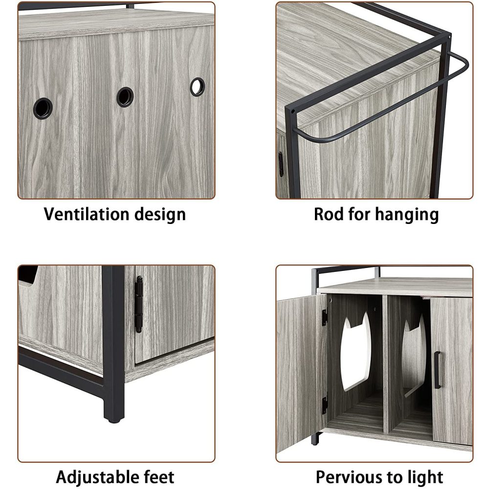 Penck Hidden Cat Litter Box Furniture with Ventilation and Bench Seat， Pet Crate with Iron and Wood Sturdy Structure ，grey color