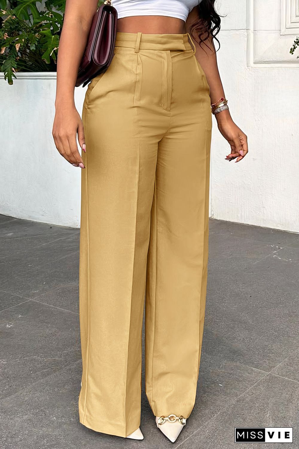 Solid Pocket Detail High Waist Straight Leg Pants