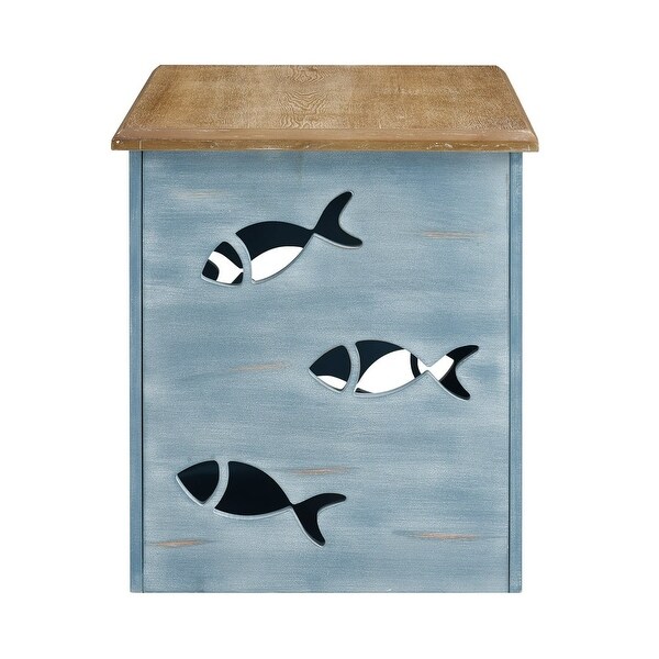 Creekview Coastal Square Metal Accent Side Table with Cutout Fish， Natural Top and Blue Base