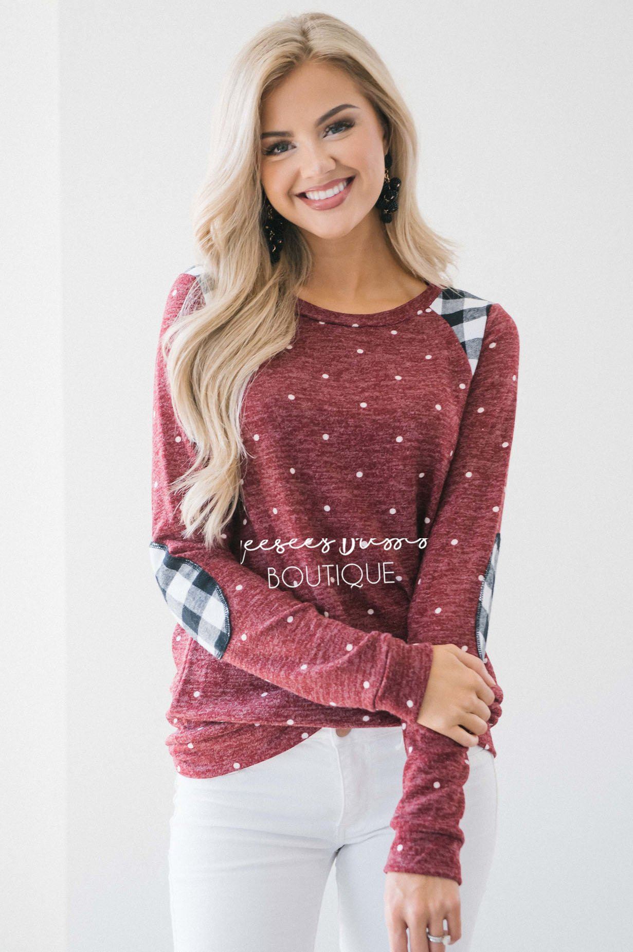 Polka Dot & Plaid Elbow Patch Top