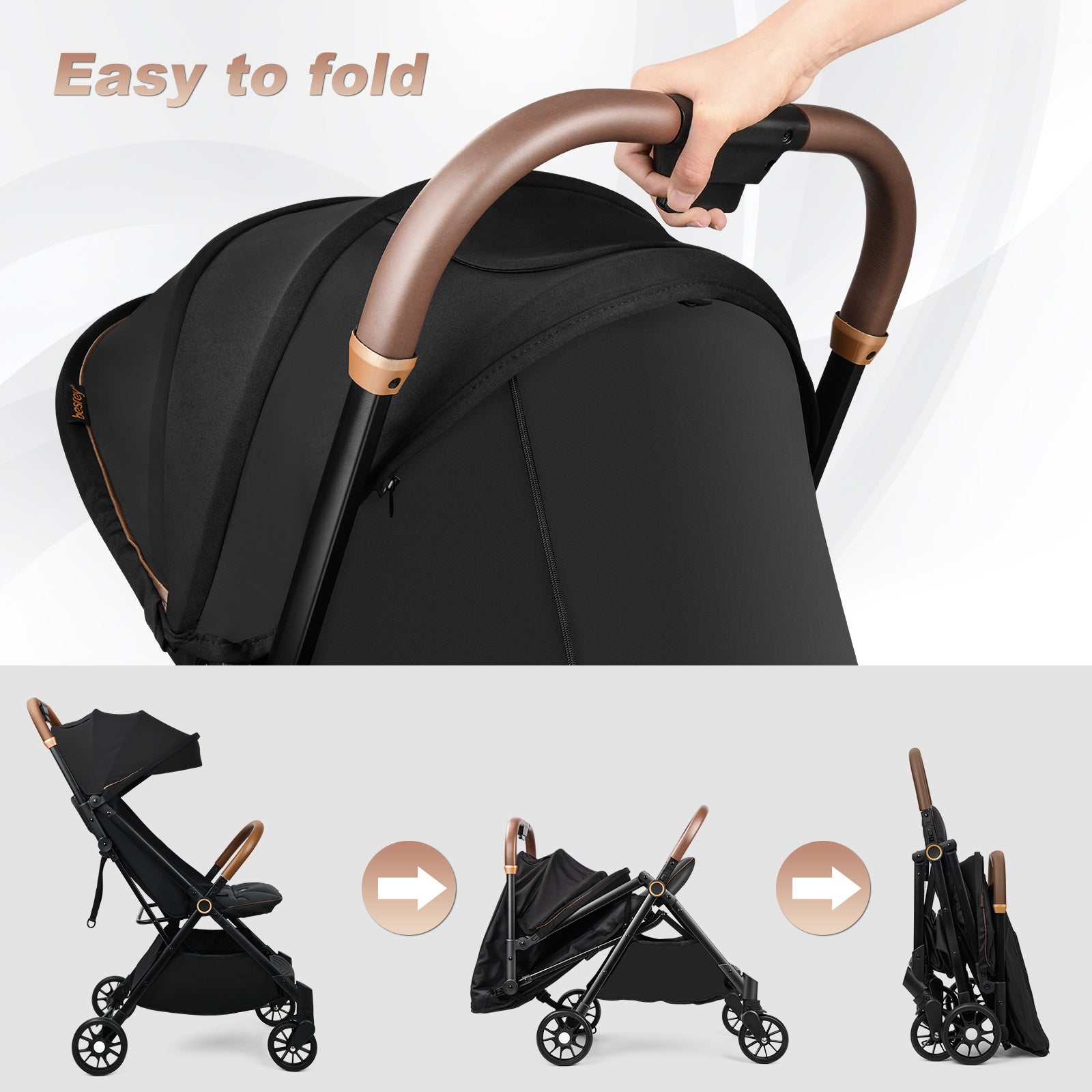 Besrey Lightweight Baby Stroller with Gravity Self-Folding, Compact Travel Stroller with Full-Size Canopy & Storage for 0-3 Years Infants, Black