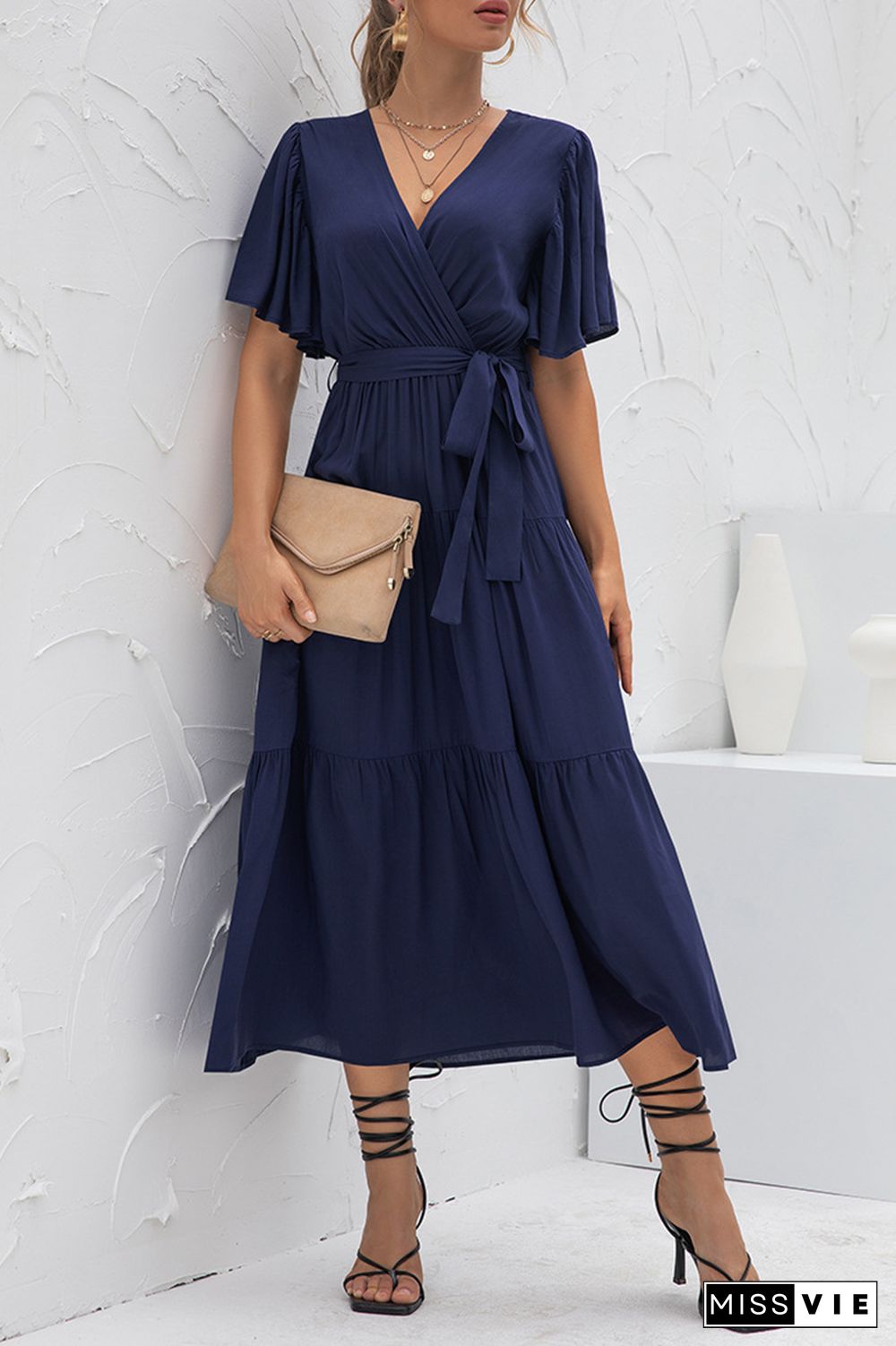 Elegant Solid Split Joint With Belt V Neck Cake Skirt Dresses