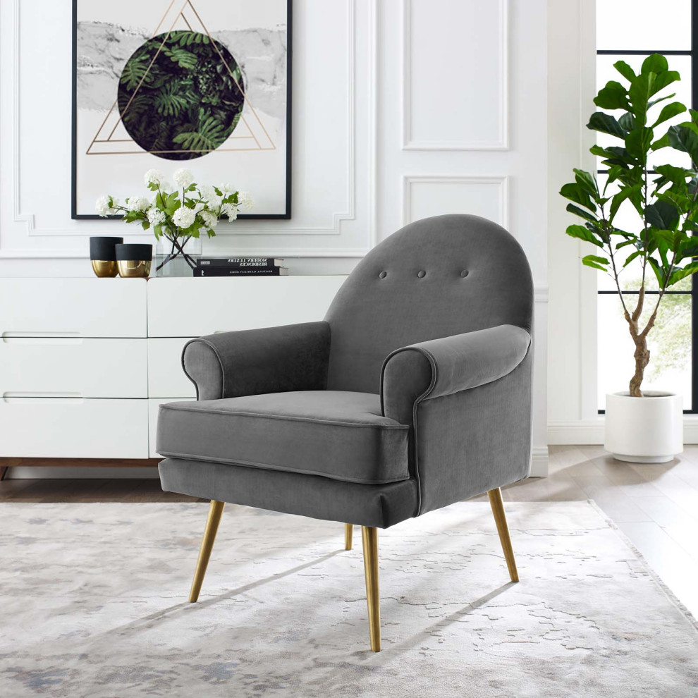 Lounge Accent Side Chair Armchair  Velvet Fabric Metal Steel  Grey Gray   Midcentury   Armchairs And Accent Chairs   by House Bound  Houzz