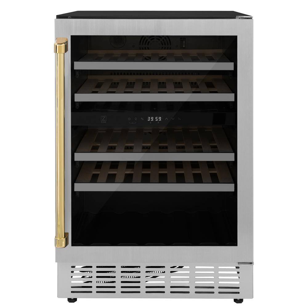 ZLINE Kitchen and Bath Monument Autograph Edition 24 in. Dual Zone 44-Bottle Wine Cooler with Gold Handle in Stainless Steel RWVZ-UD-24-G