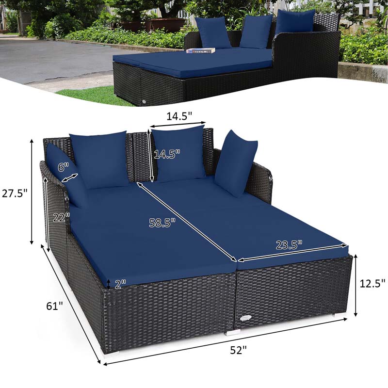 Rattan Wicker Outdoor Daybed Patio Furniture Cushioned Sofa Set with Thick Pillows