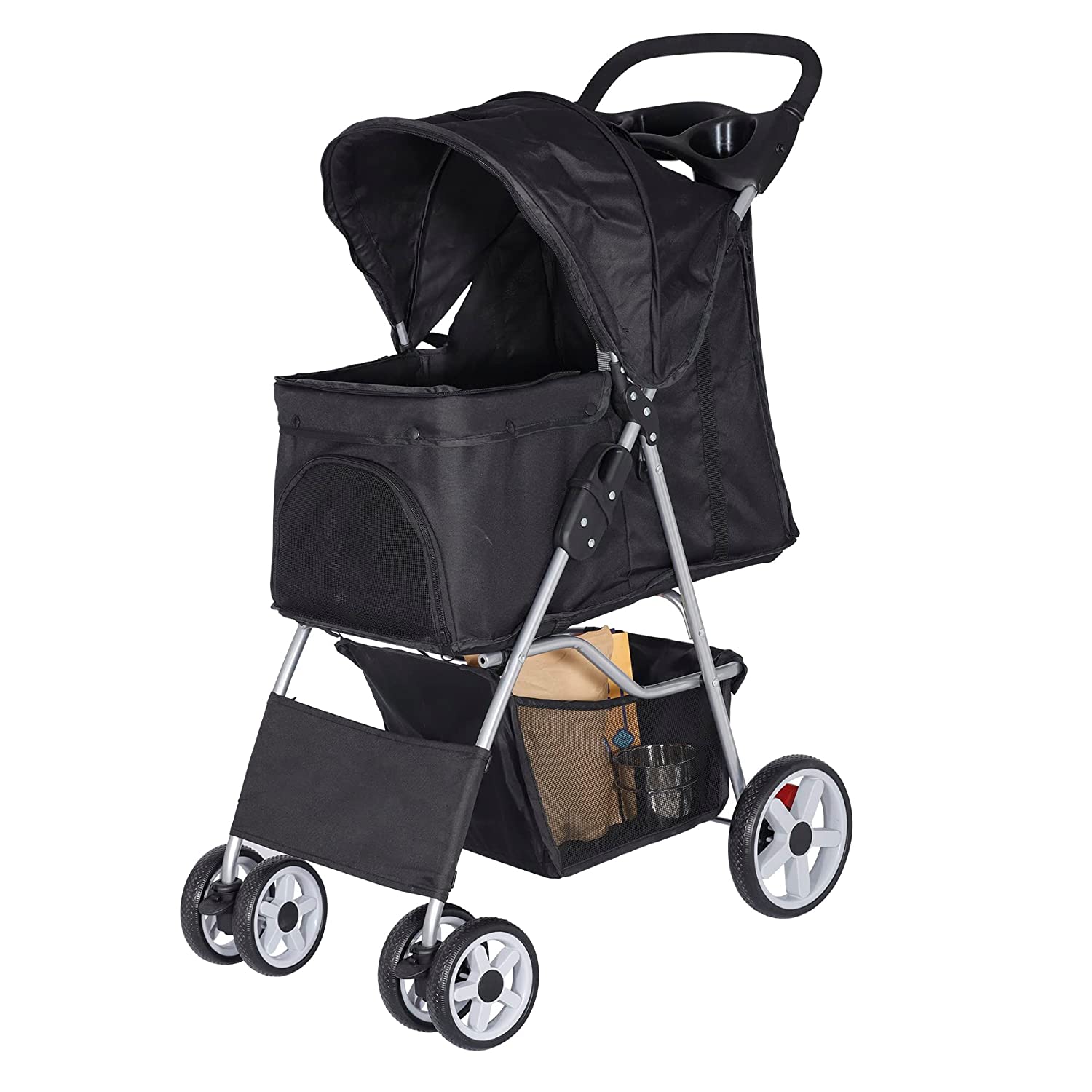 Foldable Pet Stroller， Cat/Dog Stroller with 4 Wheel， Pet Travel Carrier Strolling Cart with Storage Basket， Cup Holder， Black