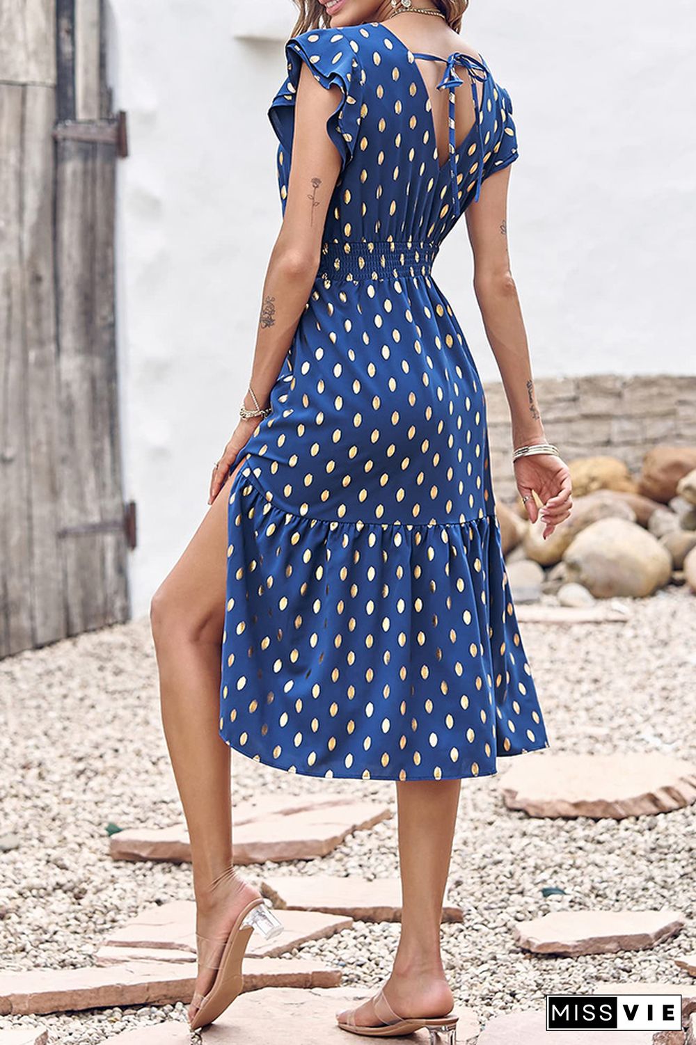 V Neck Foil Spot Print High Waist Midi Dress