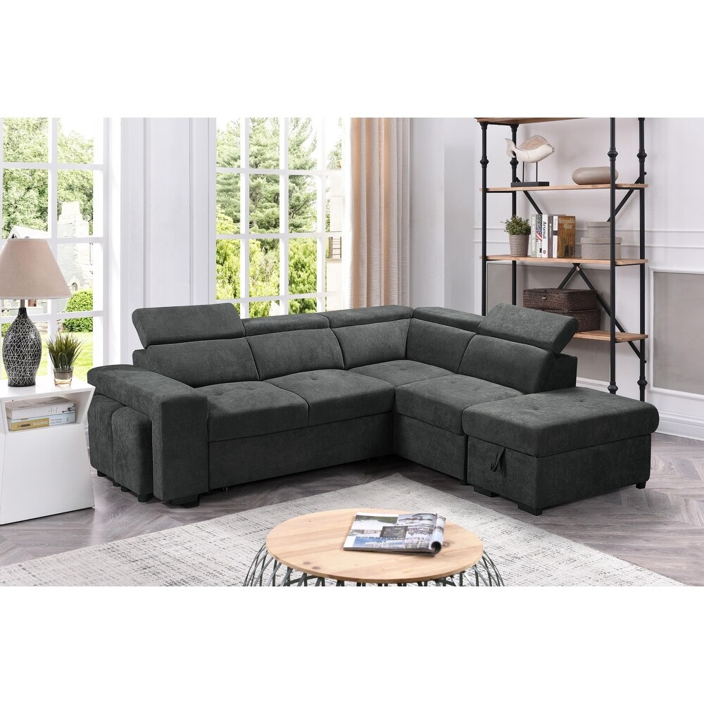 Sleeper Sectional Sofa with Storage Ottoman and 2 Stools