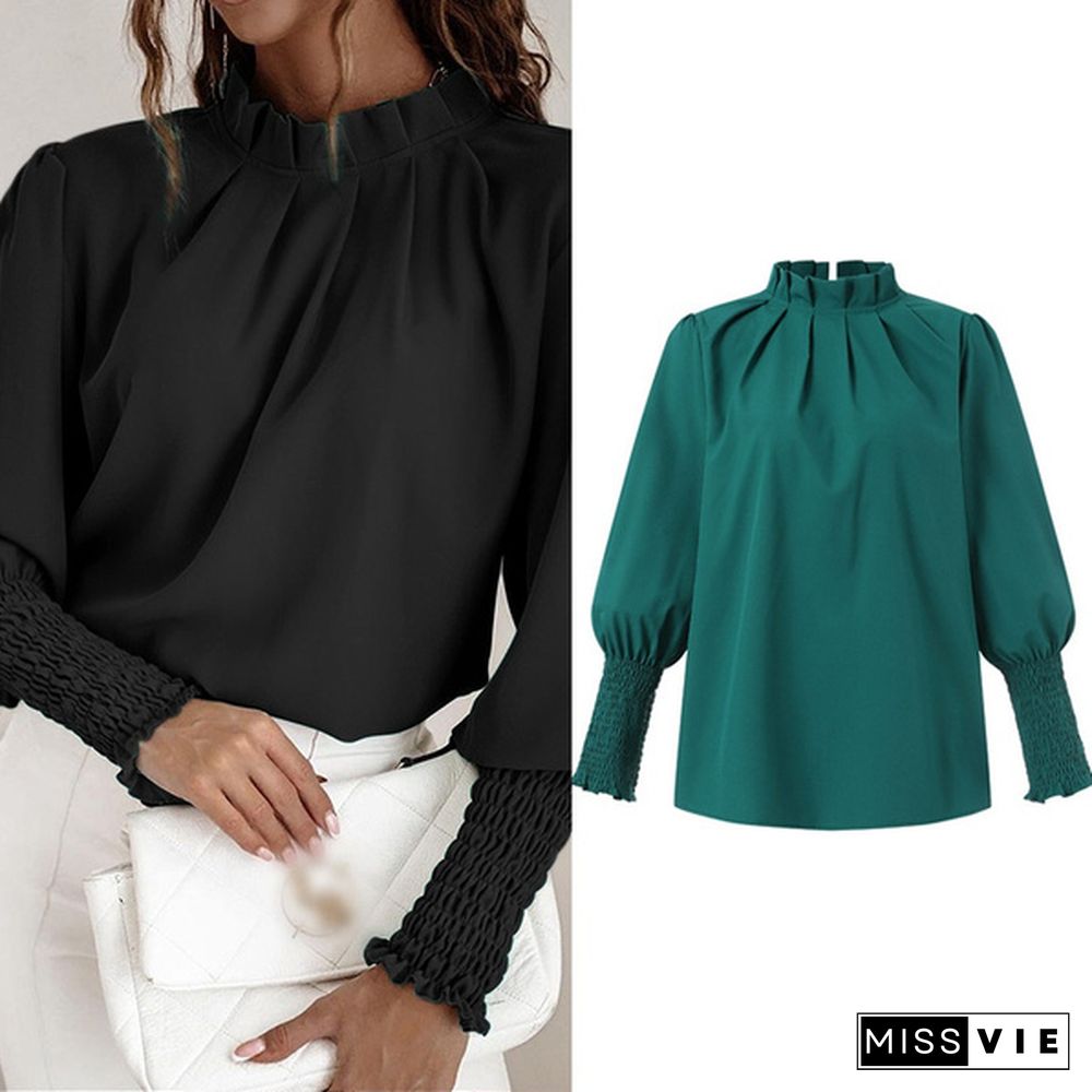 Plus Size Womens Puff Long Sleeve Blouse Ruffled Stand Collar Pleated Casual Shirt Ladies Tops S-5XL