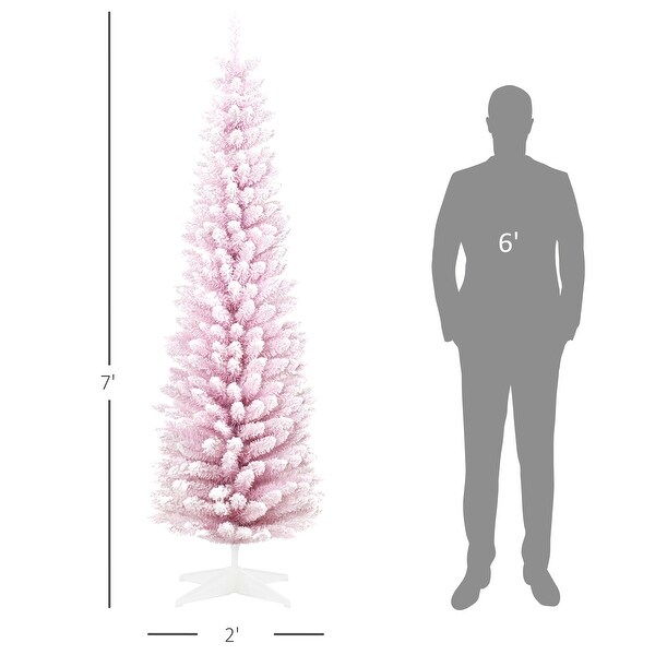 HOMCOM 7' Snow Flocked Artificial Pencil Christmas Tree，Slim Xmas Tree Pink