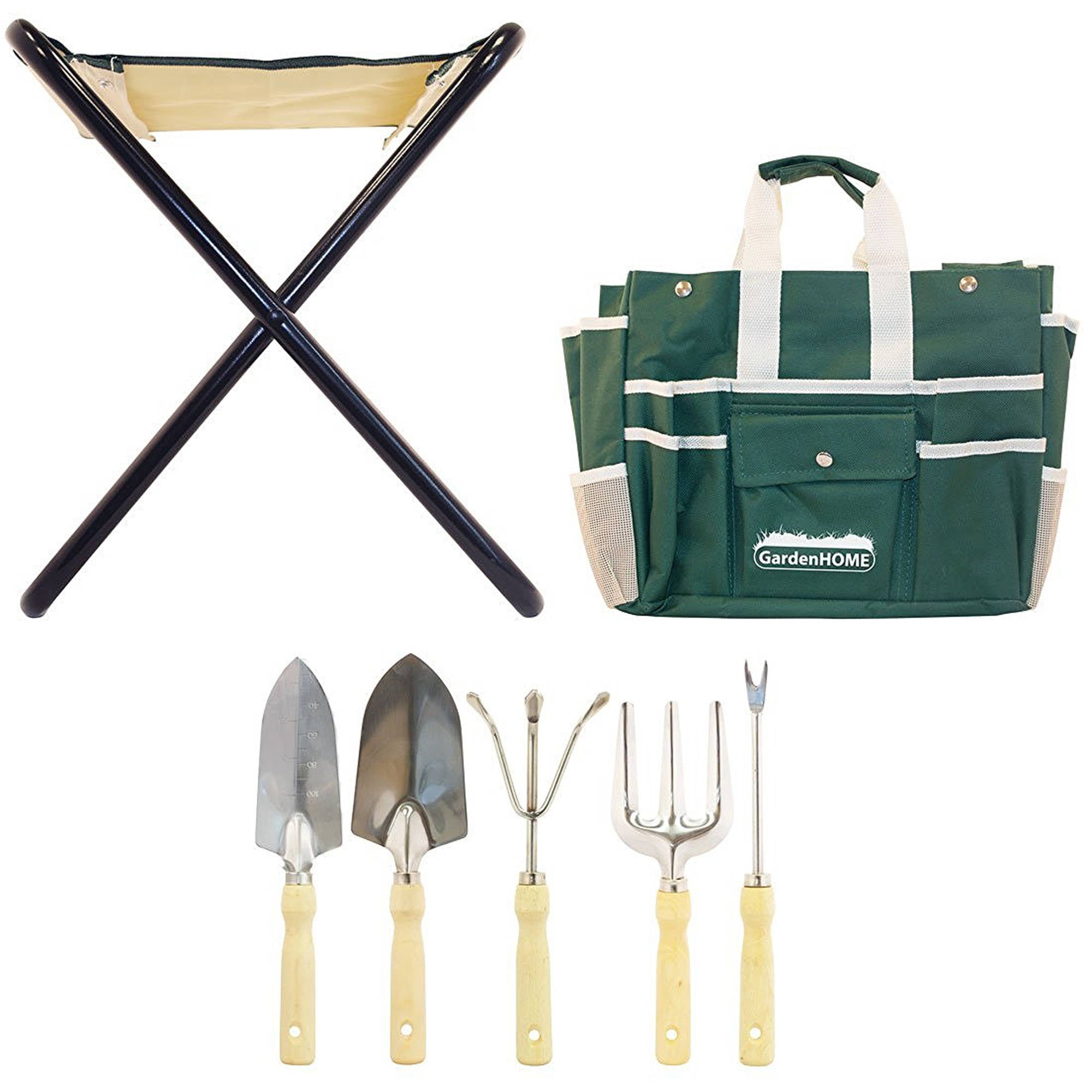 GardenHOME 7-Piece Gardening Tool Kit with Garden Tools Bag and a Foldable Stool for Man and Woman