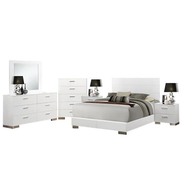 6 Piece PU Bedroom Set with Plank Headboard in Glossy White - - 36135711