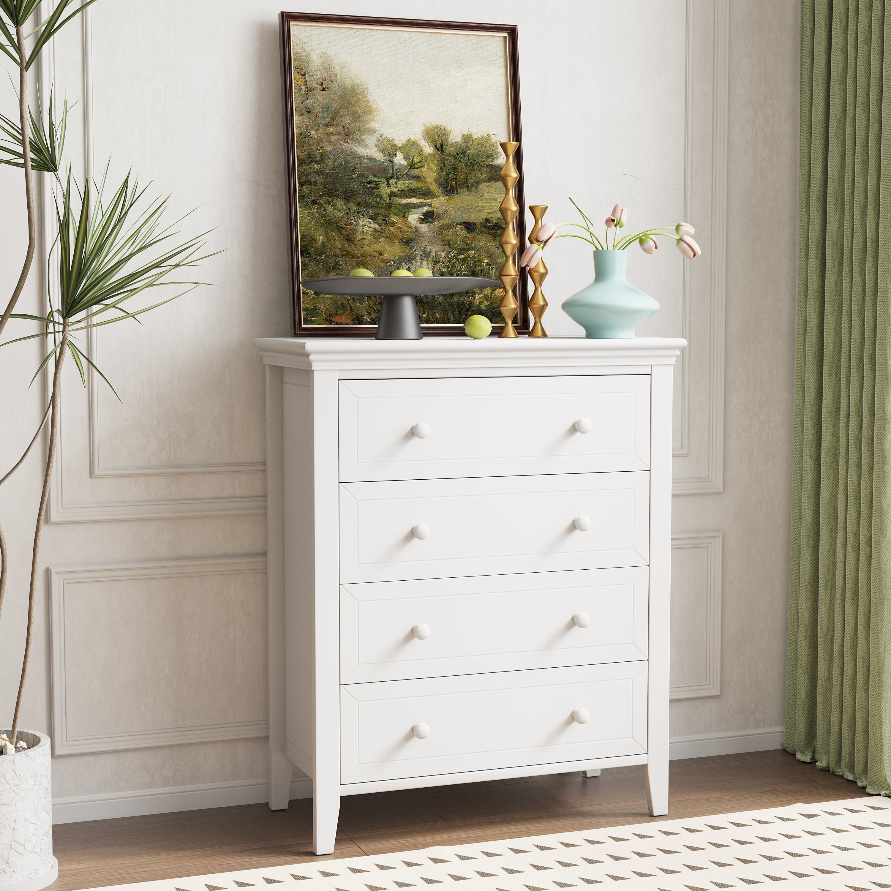 Traditional Concise Style White Solid Wood Four-Drawer