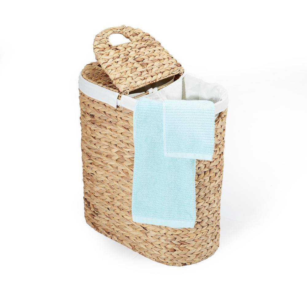 Seville Classics Hand Woven Natural Wicker Water-Hyacinth Lidded Oval Double Laundry Hamper with Bags WEB706