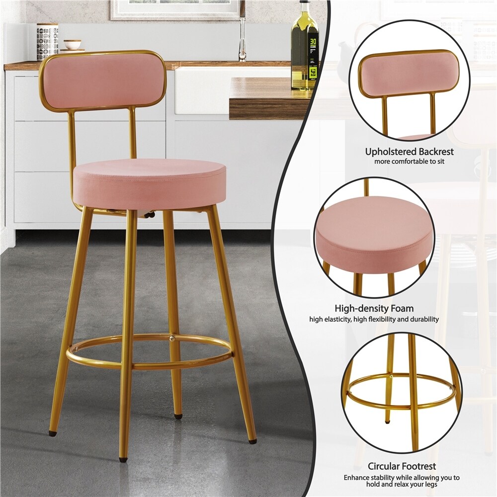 Yaheetech 2pcs Velvet Bar Stools With Gold Legs Counter height Bar Stools with Backrest and Footrest   N/A