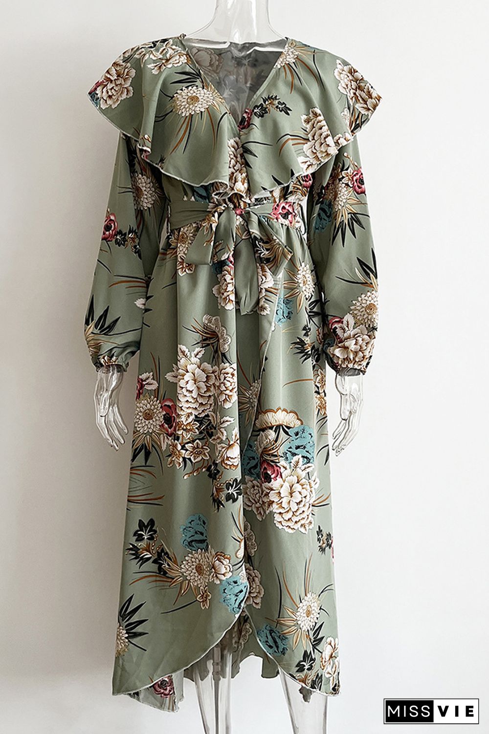 Ruffles V Neck High Split Floral Maxi Dress